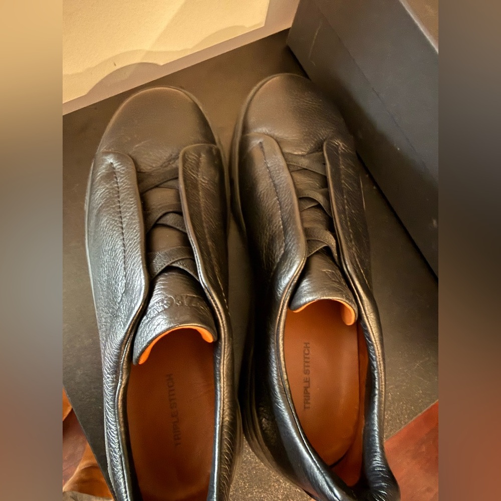 Triple Stitch Black Leather Men's Sneakers